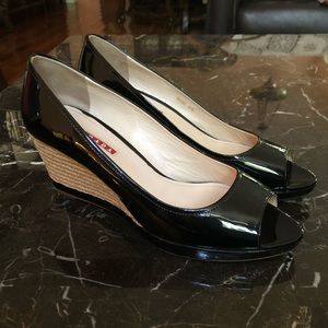 Prada patent leather peep toe wedges